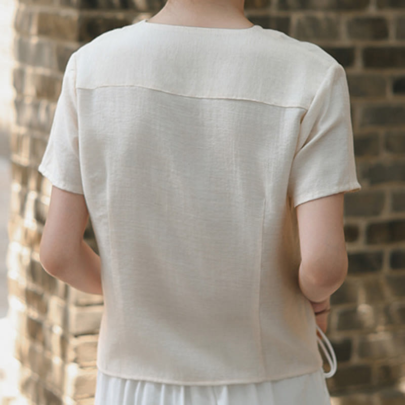 Buddha Stones Button Irregular Design V-Neck Cotton Linen Women's Short Sleeve Shirt - image 14