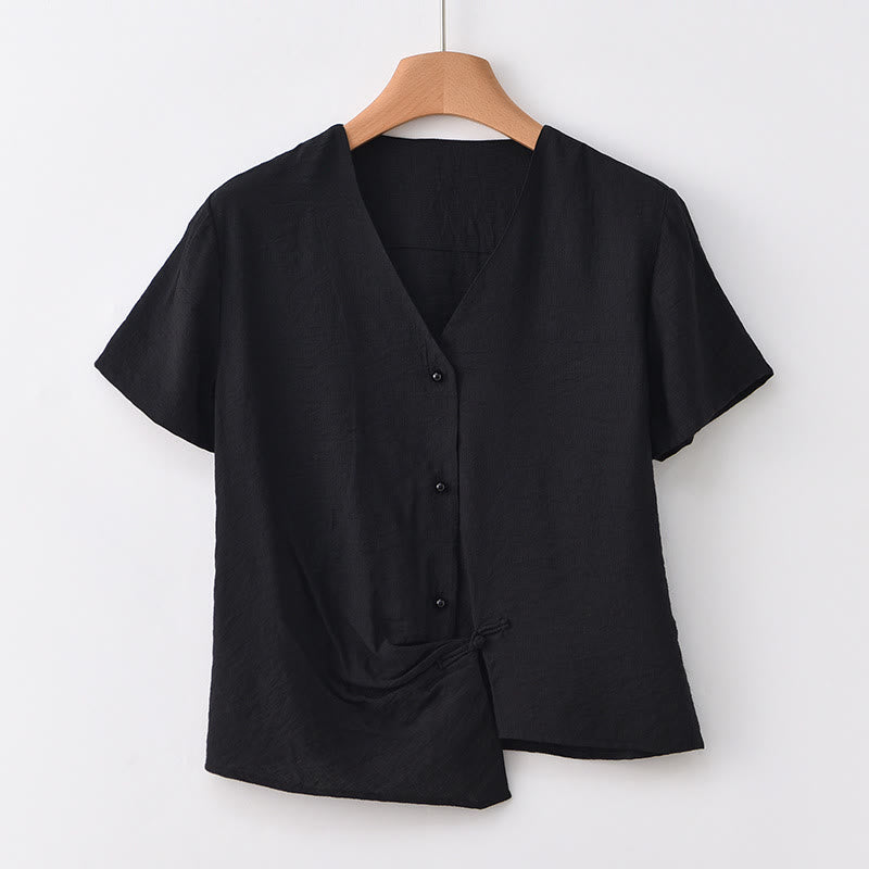 Buddha Stones Button Irregular Design V-Neck Cotton Linen Women's Short Sleeve Shirt - Black - US8-10，UK/AU12-14，EU40-42 (2XL) - image 20