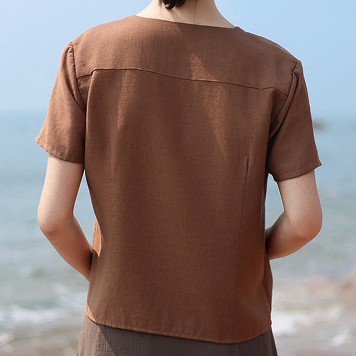 Buddha Stones Button Irregular Design V-Neck Cotton Linen Women's Short Sleeve Shirt - image 3