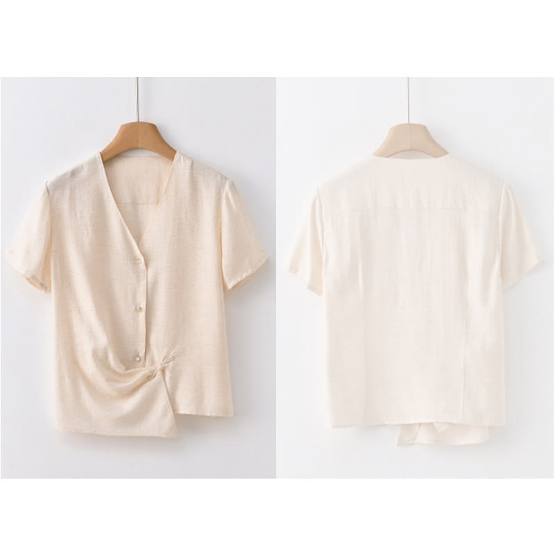 Buddha Stones Button Irregular Design V-Neck Cotton Linen Women's Short Sleeve Shirt - image 18