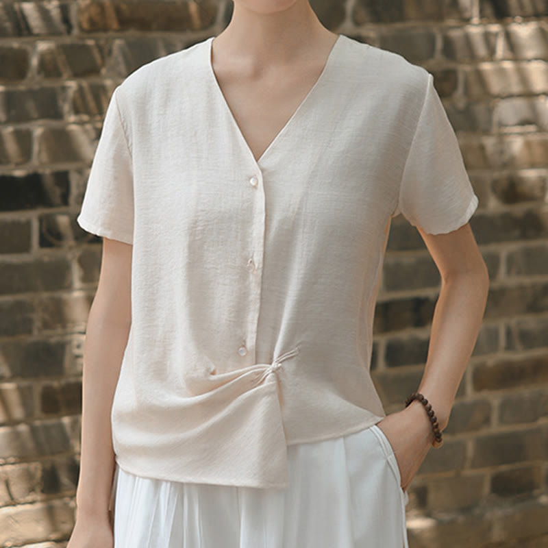 Buddha Stones Button Irregular Design V-Neck Cotton Linen Women's Short Sleeve Shirt - image 15