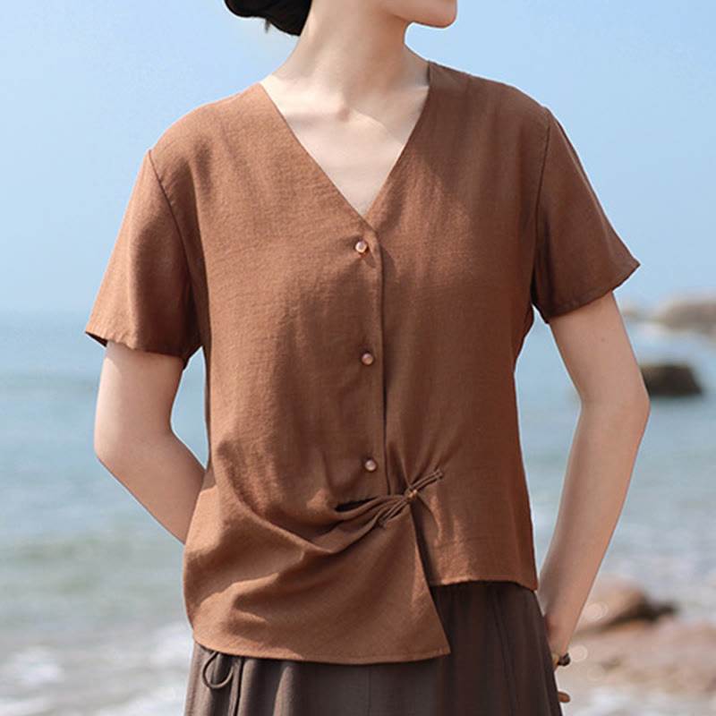 Buddha Stones Button Irregular Design V-Neck Cotton Linen Women's Short Sleeve Shirt - image 1