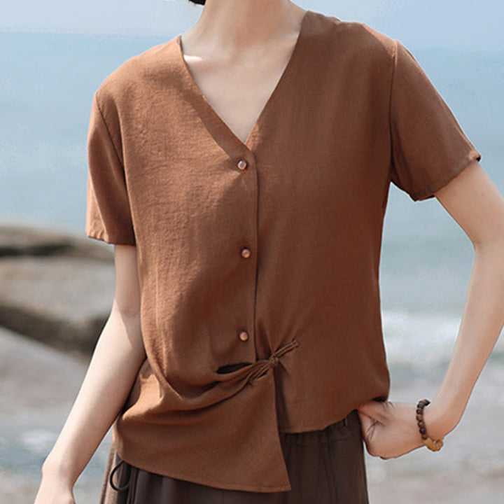 Buddha Stones Button Irregular Design V-Neck Cotton Linen Women's Short Sleeve Shirt - image 7
