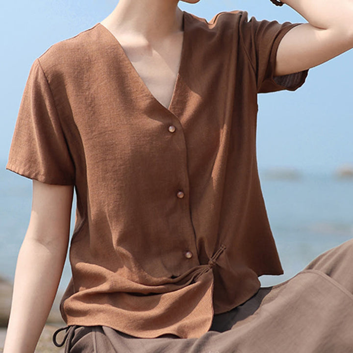 Buddha Stones Button Irregular Design V-Neck Cotton Linen Women's Short Sleeve Shirt - image 4