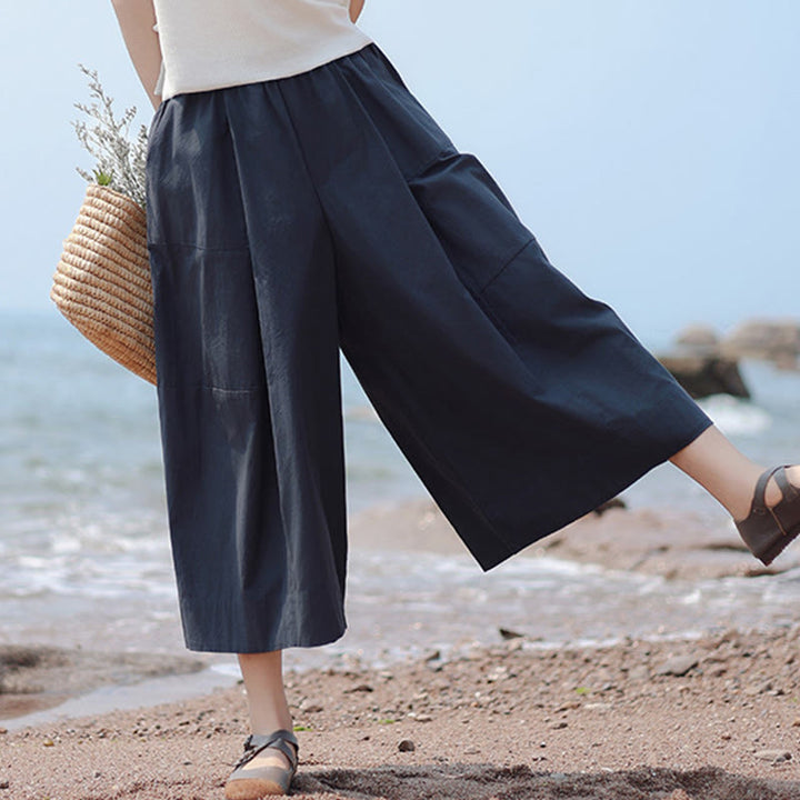 Buddha Stones Casual Plain Cotton High Waist Women's Wide Leg Capri Cropped Pants With Pockets - MidnightBlue - US8-10，UK/AU12-14，EU40-42 (2XL) - image 0