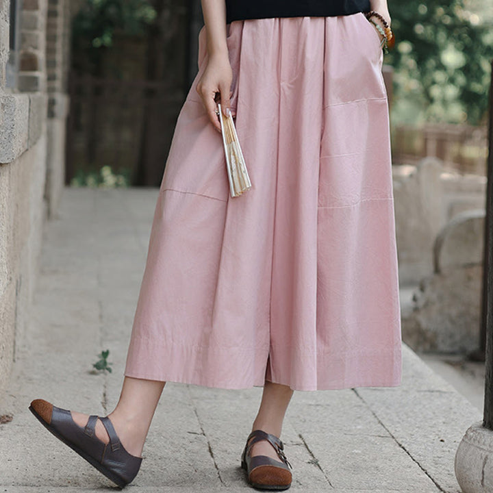 Buddha Stones Casual Plain Cotton High Waist Women's Wide Leg Capri Cropped Pants With Pockets - image 8