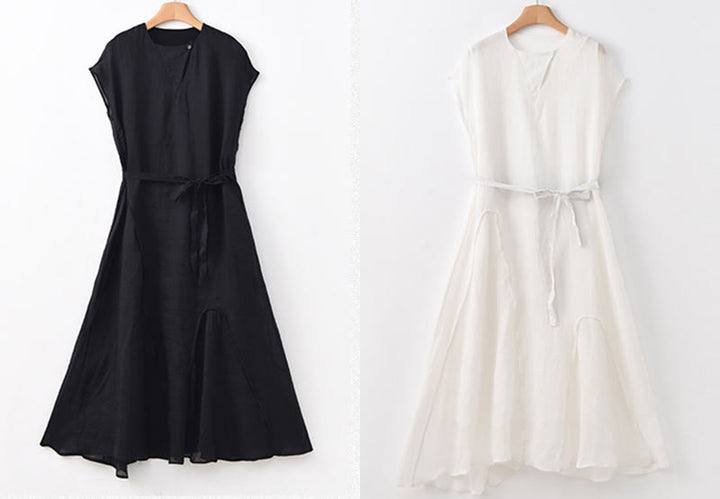 Buddha Stones Plain Irregular Hem Short Sleeve Cotton Linen Maxi Dress - image 22