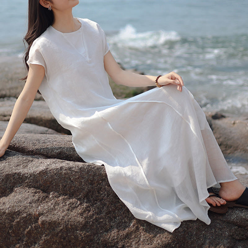 Buddha Stones Plain Irregular Hem Short Sleeve Cotton Linen Maxi Dress - White - US8-10，UK/AU12-14，EU40-42 (2XL) - image 13