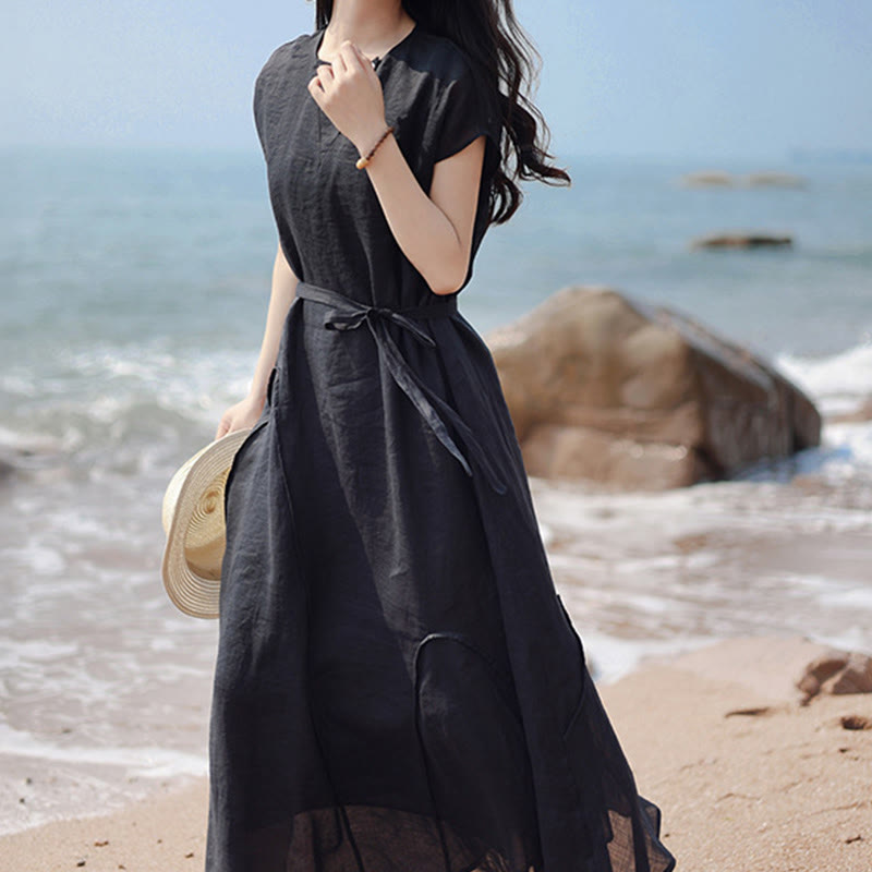 Buddha Stones Plain Irregular Hem Short Sleeve Cotton Linen Maxi Dress - image 2
