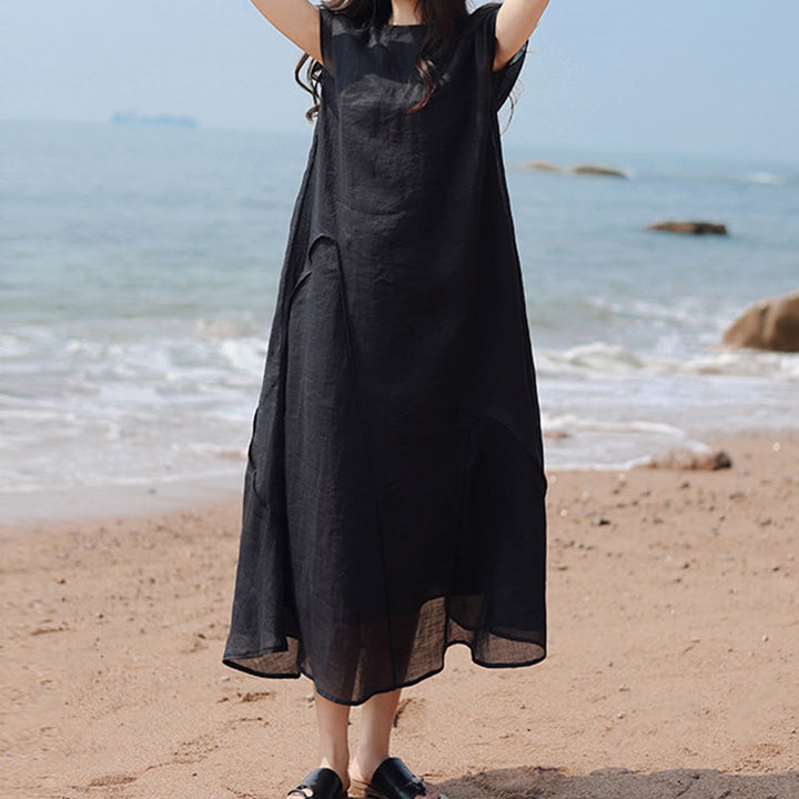 Buddha Stones Plain Irregular Hem Short Sleeve Cotton Linen Maxi Dress - image 8