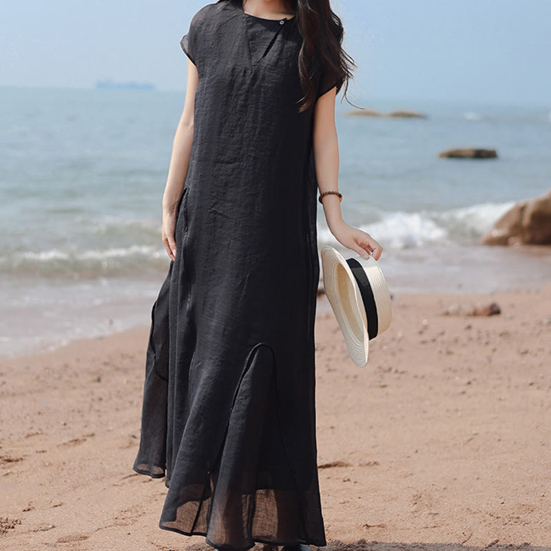 Buddha Stones Plain Irregular Hem Short Sleeve Cotton Linen Maxi Dress - image 5