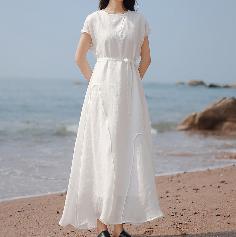 Buddha Stones Plain Irregular Hem Short Sleeve Cotton Linen Maxi Dress - image 14