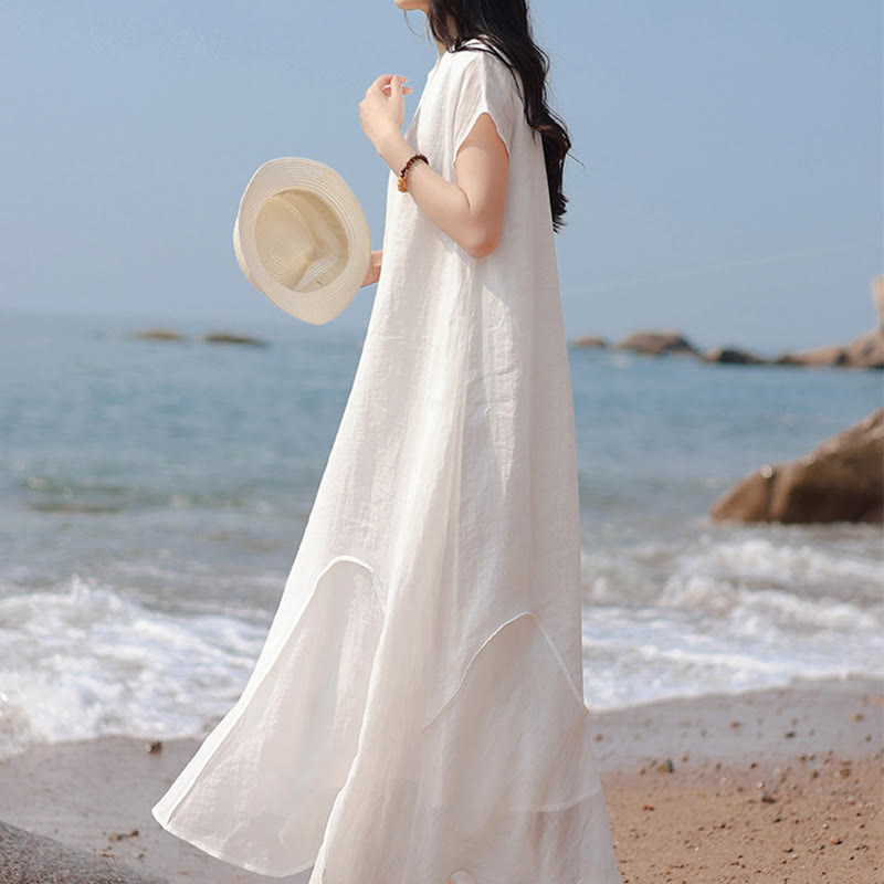 Buddha Stones Plain Irregular Hem Short Sleeve Cotton Linen Maxi Dress - image 20