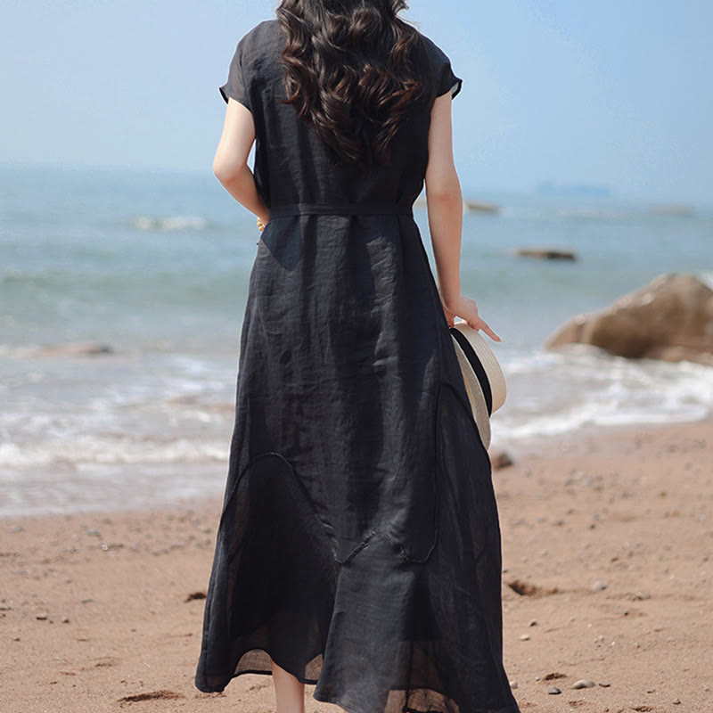 Buddha Stones Plain Irregular Hem Short Sleeve Cotton Linen Maxi Dress - image 1