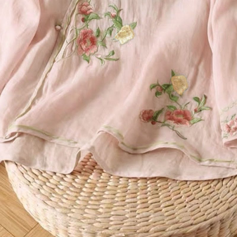 Buddha Stones Casual Vintage Embroidery Flower Pattern Chinese Frog-Button Crew Neck Design Women's Cotton Linen Shirt - image 10