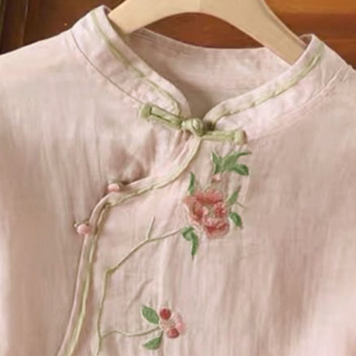 Buddha Stones Casual Vintage Embroidery Flower Pattern Chinese Frog-Button Crew Neck Design Women's Cotton Linen Shirt - image 8