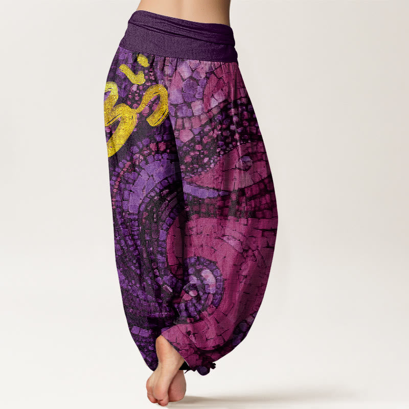 Buddha Stones Cotton Casual Golden Om Symbol Mosaic Pattern Women's Elastic Waist Harem Pants - image 5