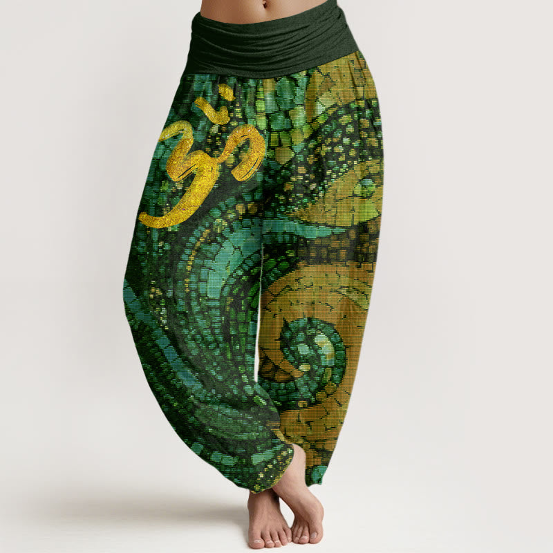 Buddha Stones Cotton Casual Golden Om Symbol Mosaic Pattern Women's Elastic Waist Harem Pants - ForestGreen - US22，UK/AU26，EU54 (6XL) - image 7