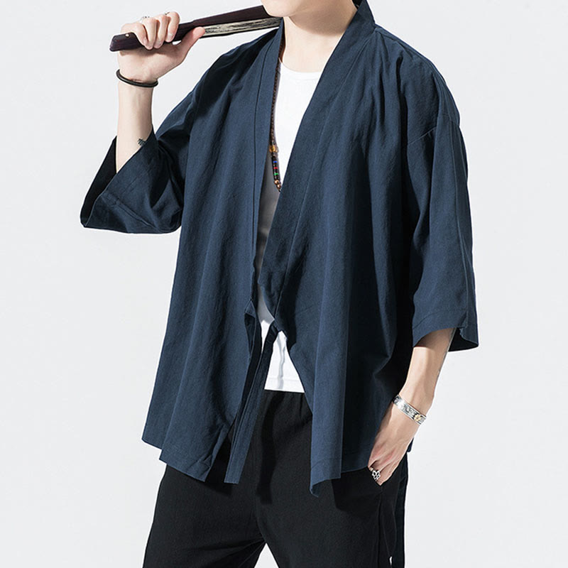 Buddha Stones Tang Suit Open Front Jacket Cotton Linen Men's Three Quarter Sleeve Kimono - image 7