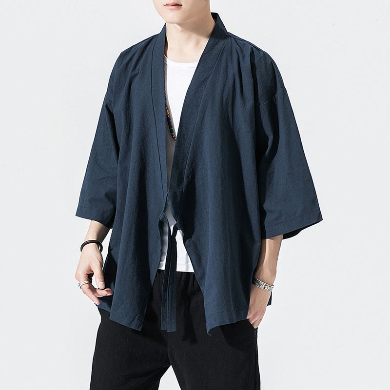 Buddha Stones Tang Suit Open Front Jacket Cotton Linen Men's Three Quarter Sleeve Kimono - MidnightBlue - US/UK/AU48，EU58(5XL) - image 6