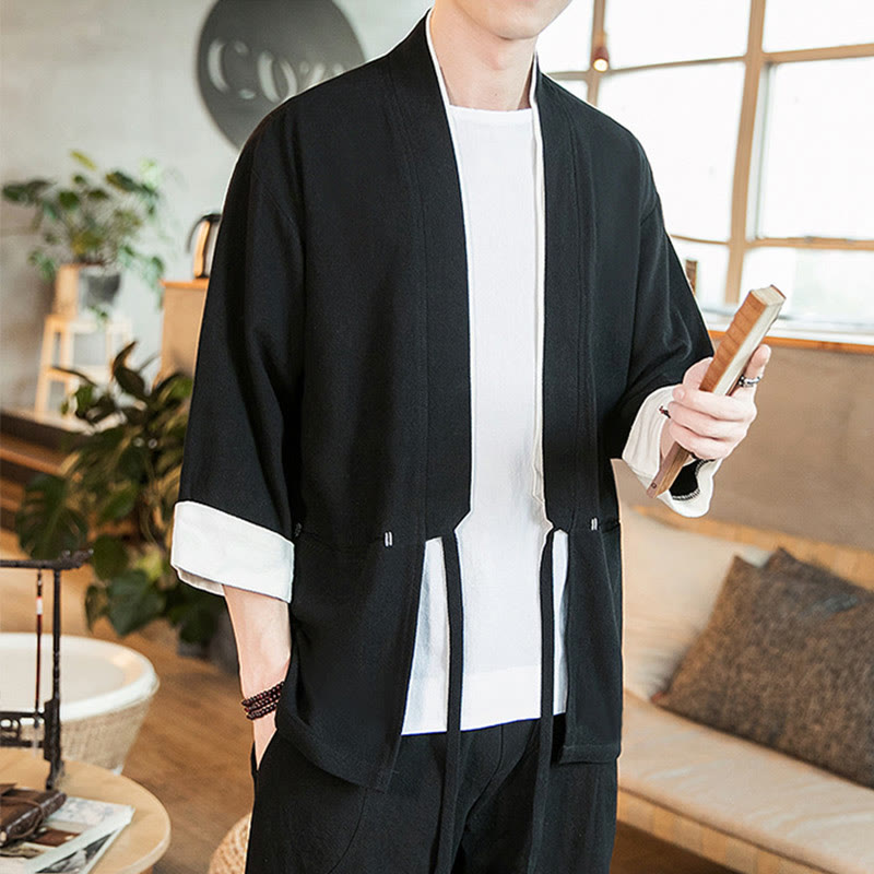 Buddha Stones Lace-Up Design Jacket Cotton Linen Men's Three Quarter Sleeve Kimono With Pockets - image 14