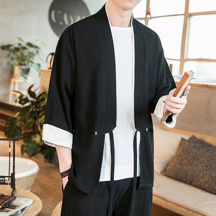 Buddha Stones Lace-Up Design Jacket Cotton Linen Men's Three Quarter Sleeve Kimono With Pockets - image 14