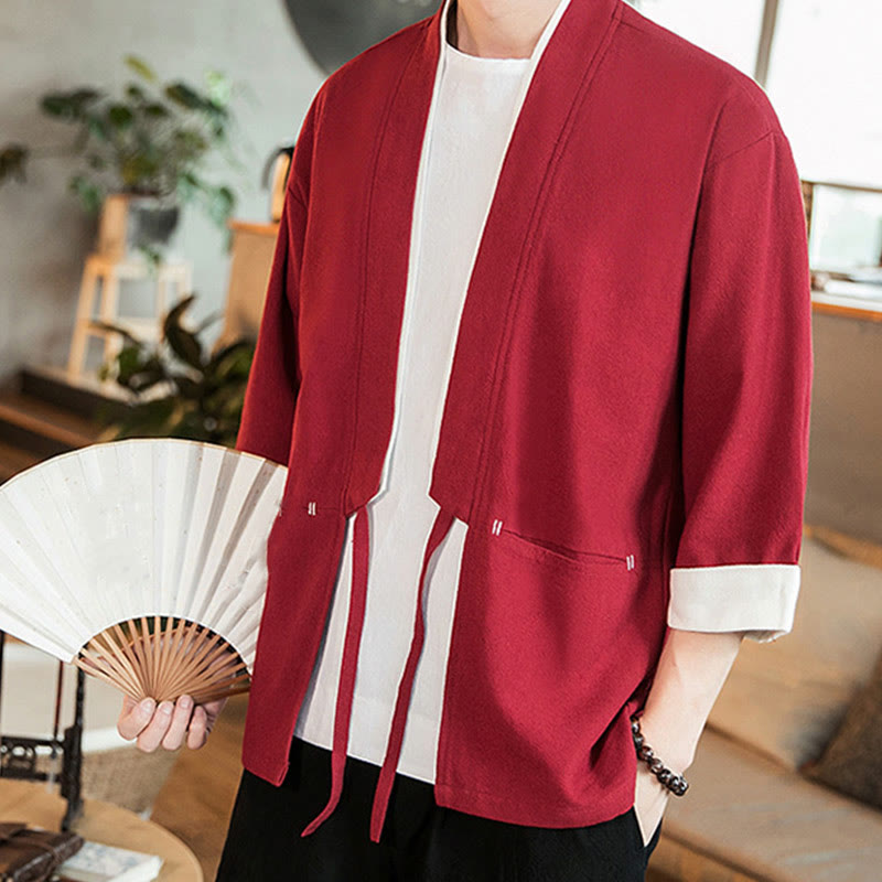 Buddha Stones Lace-Up Design Jacket Cotton Linen Men's Three Quarter Sleeve Kimono With Pockets - image 27