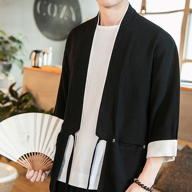 Buddha Stones Lace-Up Design Jacket Cotton Linen Men's Three Quarter Sleeve Kimono With Pockets - image 15