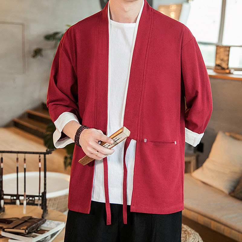 Buddha Stones Lace-Up Design Jacket Cotton Linen Men's Three Quarter Sleeve Kimono With Pockets - Crimson - US/UK/AU46，EU56 (5XL) - image 21