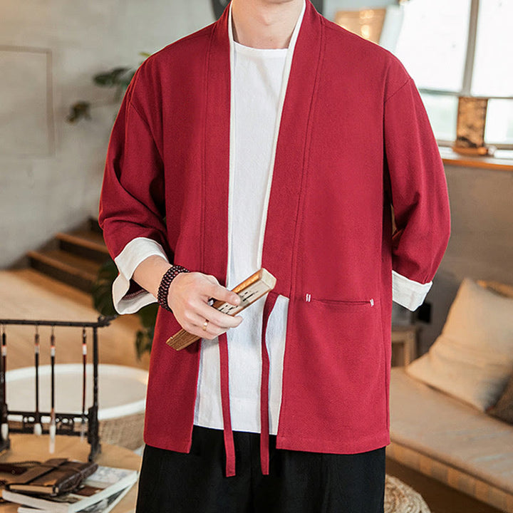 Buddha Stones Lace-Up Design Jacket Cotton Linen Men's Three Quarter Sleeve Kimono With Pockets - Crimson - US/UK/AU46，EU56 (5XL) - image 21