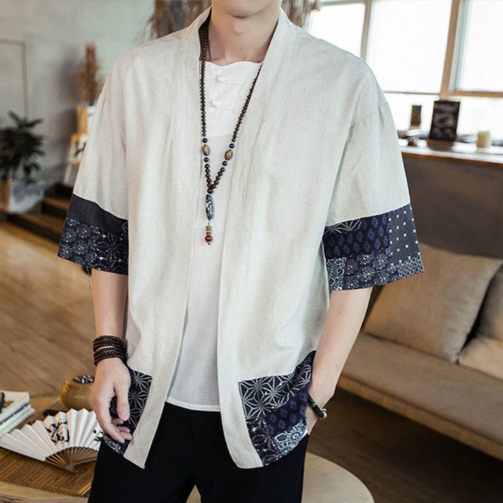Buddha Stones Ethnic Printing Patchwork Half Sleeve Open Front Jacket Cotton Linen Men's Kimono - image 12
