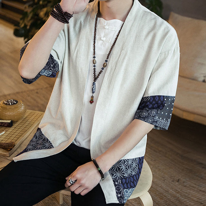 Buddha Stones Ethnic Printing Patchwork Half Sleeve Open Front Jacket Cotton Linen Men's Kimono - image 16