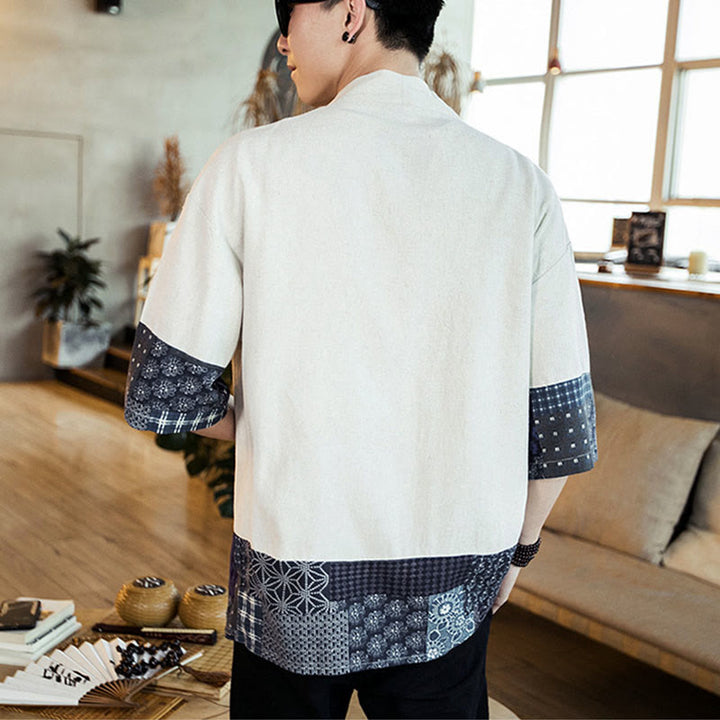 Buddha Stones Ethnic Printing Patchwork Half Sleeve Open Front Jacket Cotton Linen Men's Kimono - image 14