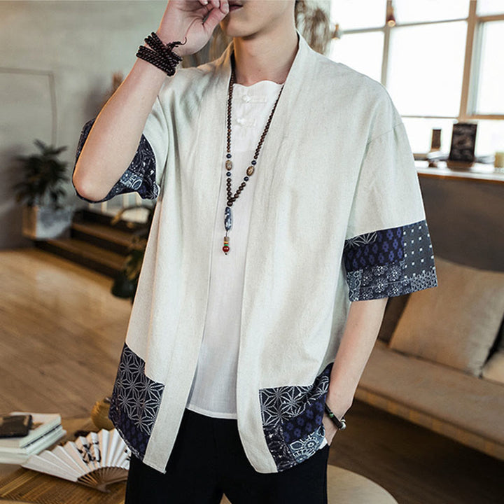 Buddha Stones Ethnic Printing Patchwork Half Sleeve Open Front Jacket Cotton Linen Men's Kimono - image 13