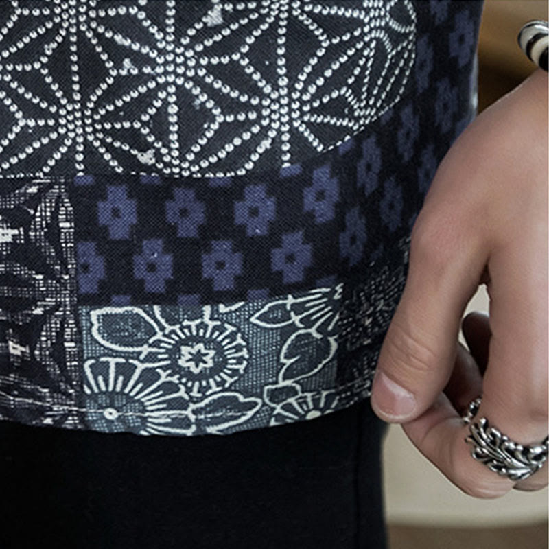 Buddha Stones Ethnic Printing Patchwork Half Sleeve Open Front Jacket Cotton Linen Men's Kimono - image 8