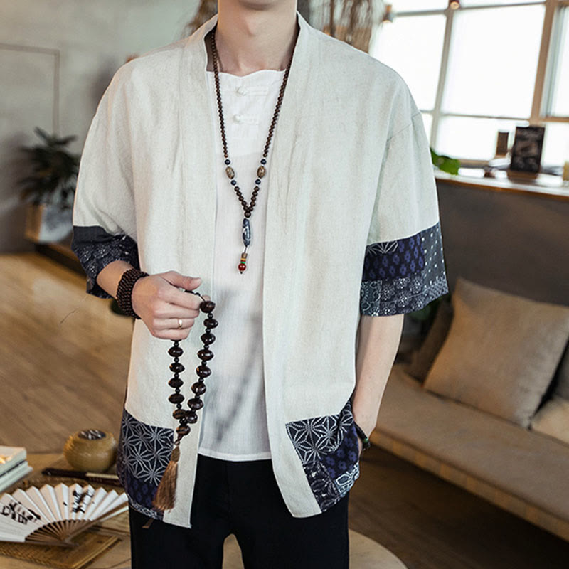 Buddha Stones Ethnic Printing Patchwork Half Sleeve Open Front Jacket Cotton Linen Men's Kimono - image 10