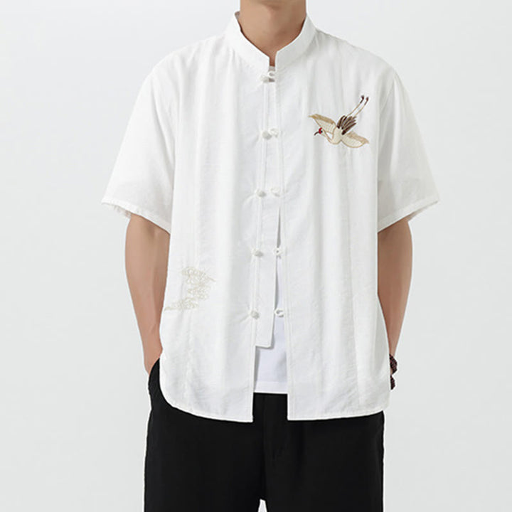 Buddha Stones Vintage Embroidery Buttons Half Sleeve Design Stand Collar Men's Cotton Shirt - image 10