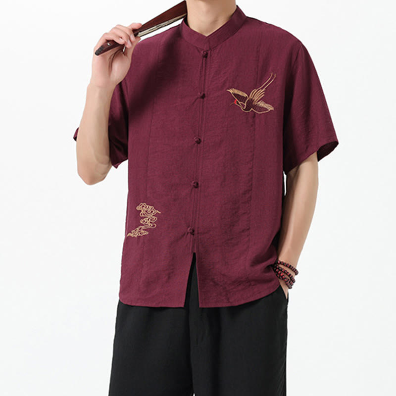 Buddha Stones Vintage Embroidery Buttons Half Sleeve Design Stand Collar Men's Cotton Shirt - image 4