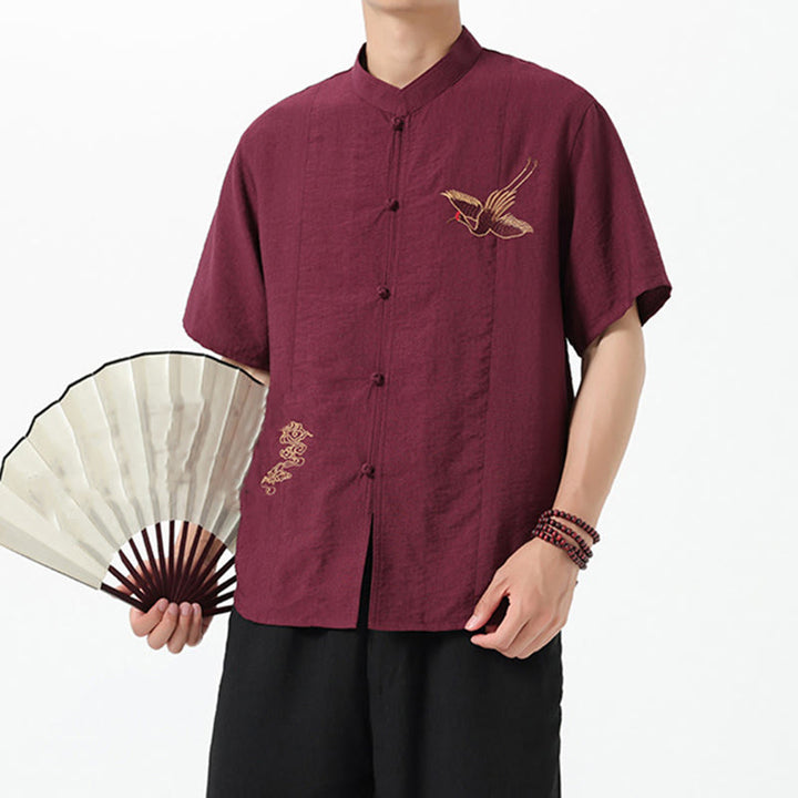 Buddha Stones Vintage Embroidery Buttons Half Sleeve Design Stand Collar Men's Cotton Shirt - image 6