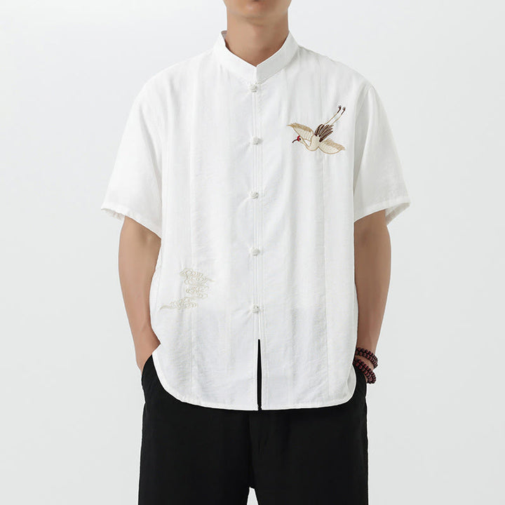 Buddha Stones Vintage Embroidery Buttons Half Sleeve Design Stand Collar Men's Cotton Shirt - White - US/UK/AU42，EU52 (3XL) - image 8