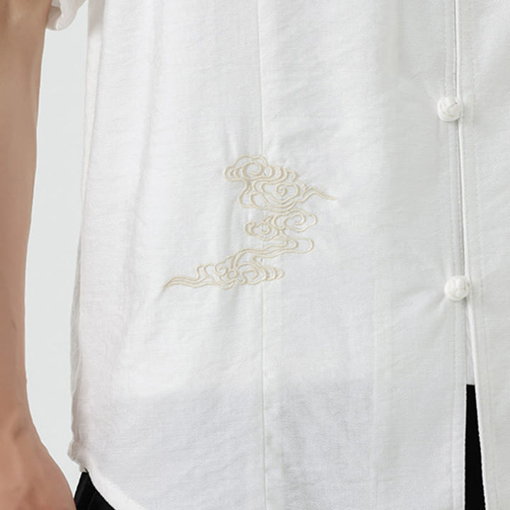 Buddha Stones Vintage Embroidery Buttons Half Sleeve Design Stand Collar Men's Cotton Shirt - image 18