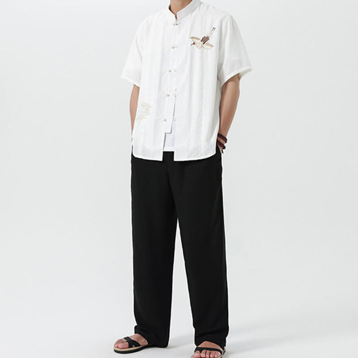 Buddha Stones Vintage Embroidery Buttons Half Sleeve Design Stand Collar Men's Cotton Shirt - image 19