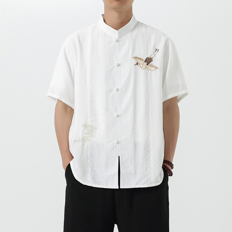 Buddha Stones Vintage Embroidery Buttons Half Sleeve Design Stand Collar Men's Cotton Shirt - White - US/UK/AU42，EU52 (3XL) - image 8