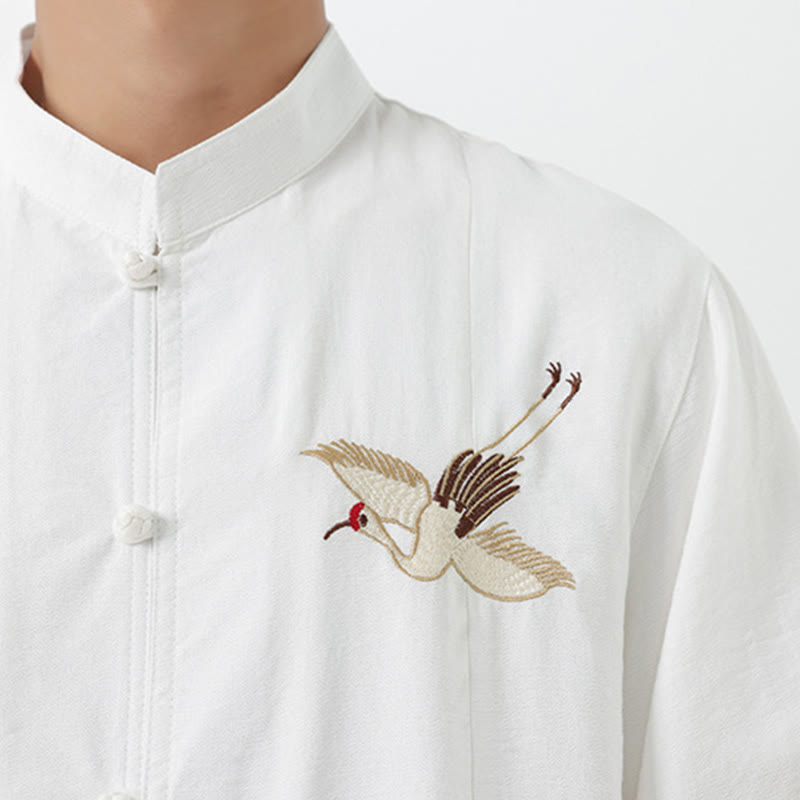 Buddha Stones Vintage Embroidery Buttons Half Sleeve Design Stand Collar Men's Cotton Shirt - image 17