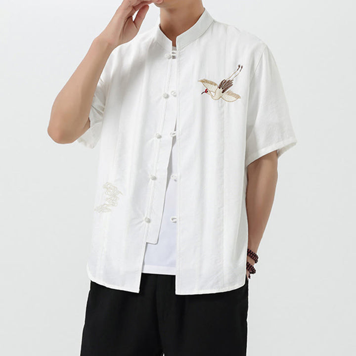 Buddha Stones Vintage Embroidery Buttons Half Sleeve Design Stand Collar Men's Cotton Shirt - image 9