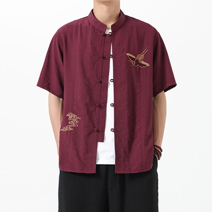 Buddha Stones Vintage Embroidery Buttons Half Sleeve Design Stand Collar Men's Cotton Shirt - Brown - US/UK/AU42，EU52 (3XL) - image 0