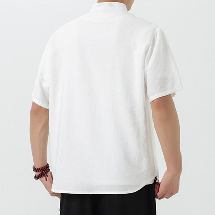 Buddha Stones Vintage Embroidery Buttons Half Sleeve Design Stand Collar Men's Cotton Shirt - image 13