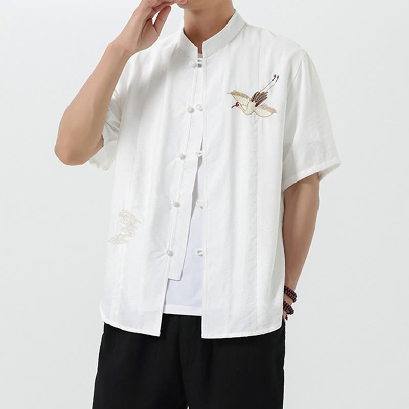 Buddha Stones Vintage Embroidery Buttons Half Sleeve Design Stand Collar Men's Cotton Shirt - image 10