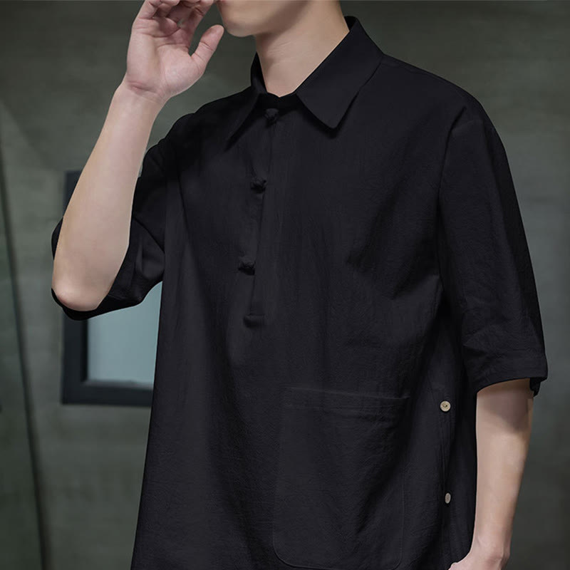 Buddha Stones Commute Plain Half Buttons Design Men's Cotton Linen Half Sleeve Shirt With Pocket - image 14