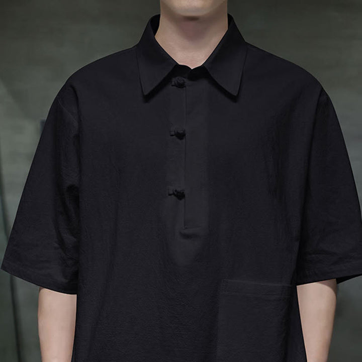 Buddha Stones Commute Plain Half Buttons Design Men's Cotton Linen Half Sleeve Shirt With Pocket - image 16